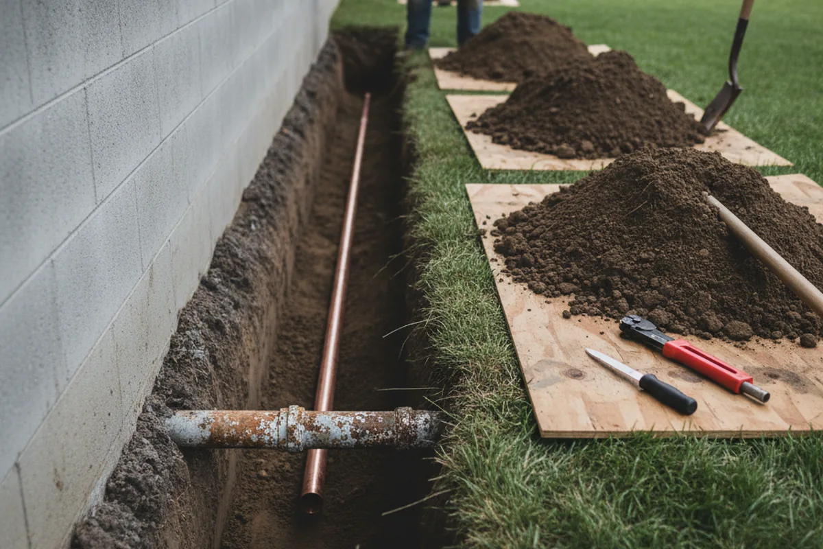 Excavated water line trench during Sewer Line Repair in Fayette City